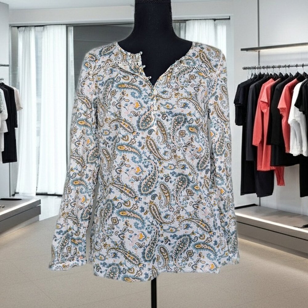 Talbots Long Sleeve Cotton Popover Top Blue Yellow Paisley Women’s Small Casual